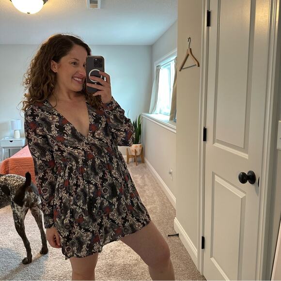 Free People Black Floral Tassel Long Sleeve Mini Dress Medium - Picture 4 of 13